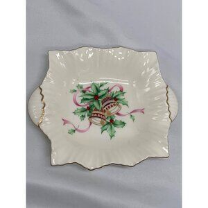 Mikasa Ivory Bone China Christmas Spirit Dish Handled 5" Square Holly Bells